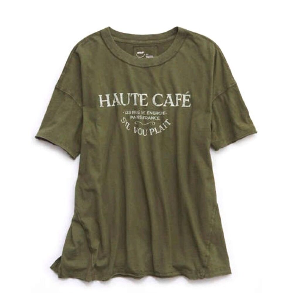 NEW Aerie Women oversized XL boyfriend t-shirt top olive green French Haute Cafe